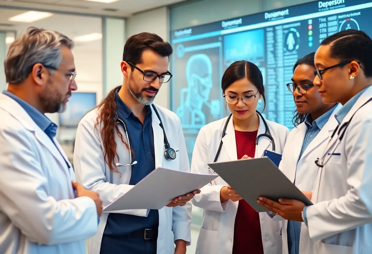 Healthcare professionals discussing AI ethics with advanced technology in the background.