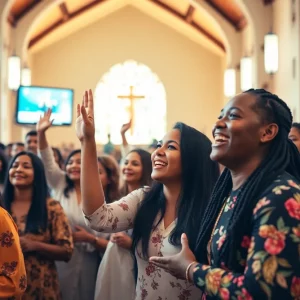 Community celebration in a church for the election of Pope Leo XIV