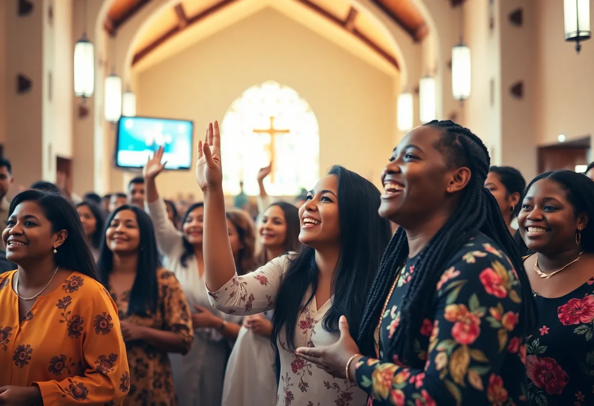 Community celebration in a church for the election of Pope Leo XIV