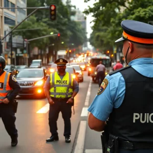 Busy street in Atlanta with police presence and community activities for safety