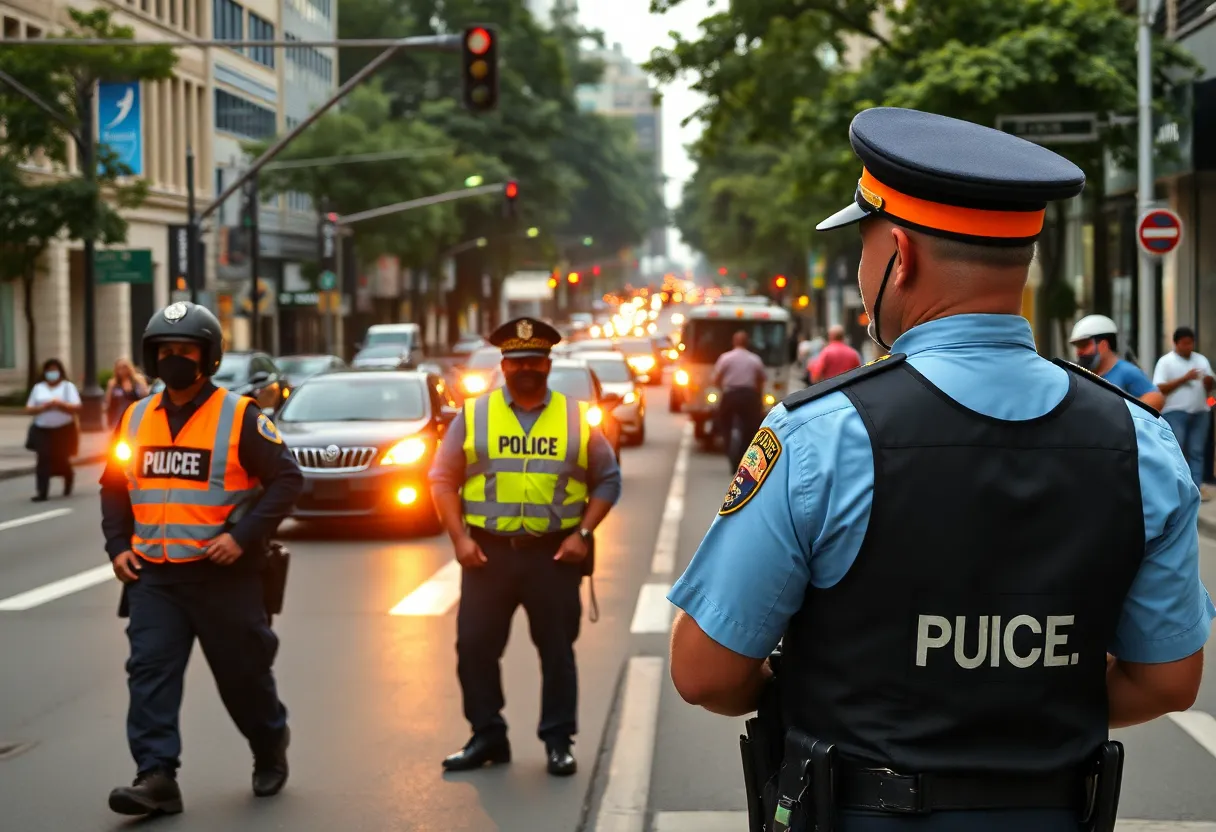 Busy street in Atlanta with police presence and community activities for safety