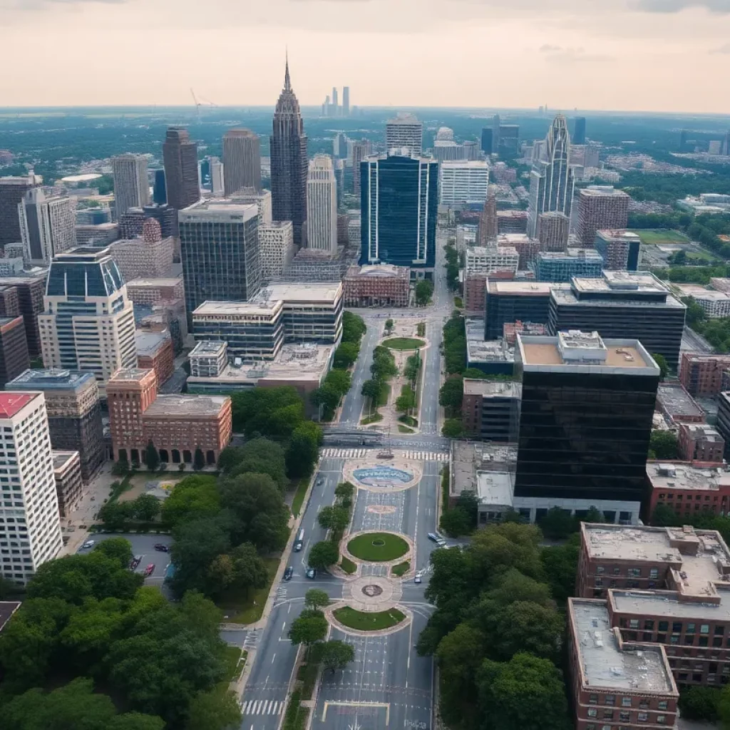 Aerial view of downtown Atlanta showcasing streets and parks.