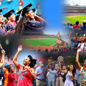 Collage of graduation, baseball, WNBA games, and cultural events in Atlanta