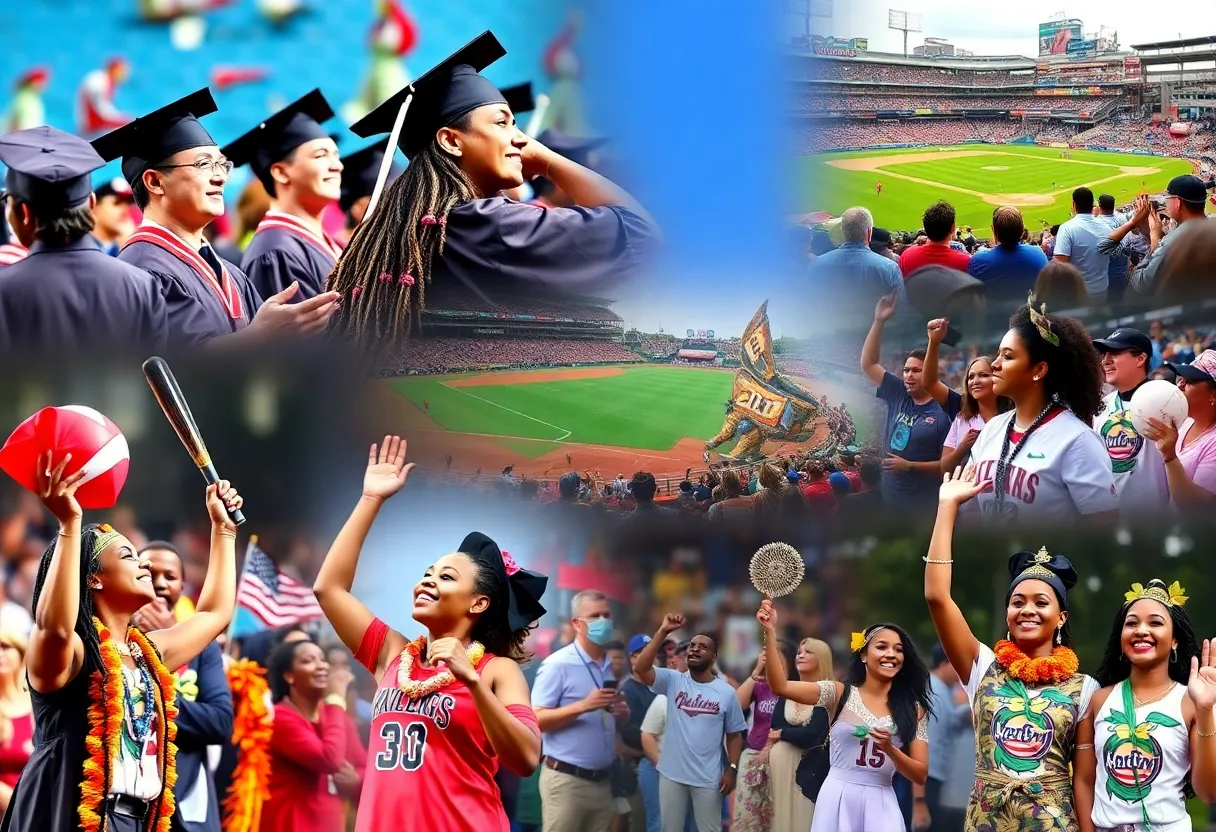 Collage of graduation, baseball, WNBA games, and cultural events in Atlanta
