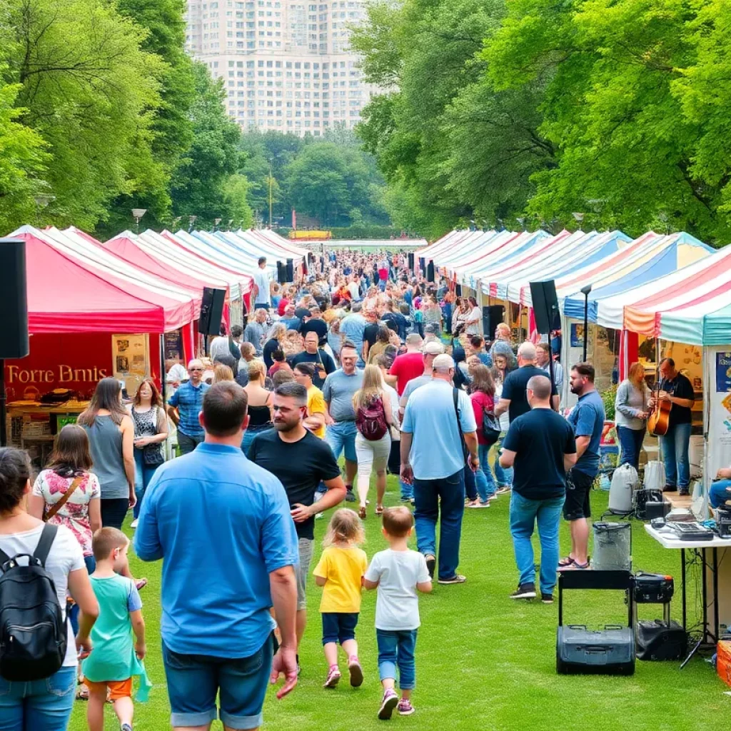 Families enjoying various cultural festivals in Atlanta with colorful tents and artists.
