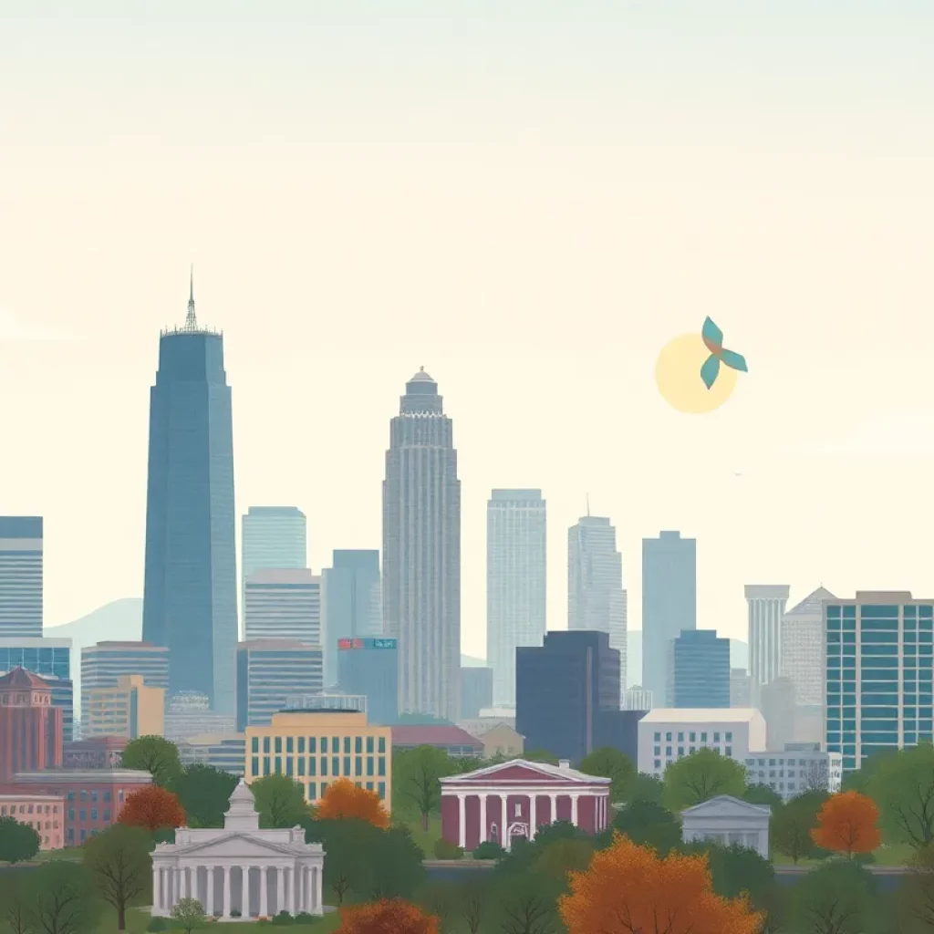 Illustration of Atlanta skyline with symbols of health education and HIV prevention