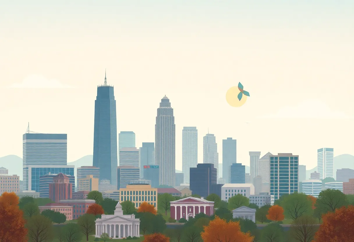 Illustration of Atlanta skyline with symbols of health education and HIV prevention