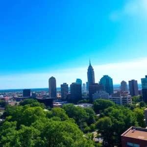 A view of Atlanta showcasing its skyline and greenery during a hot summer day.