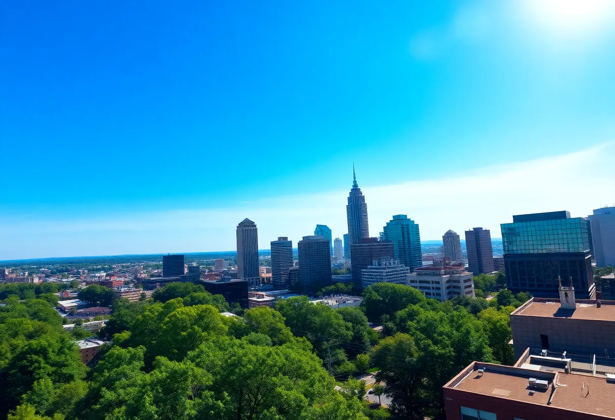 A view of Atlanta showcasing its skyline and greenery during a hot summer day.