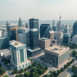 Aerial view of Atlanta with ongoing retail construction and greenery