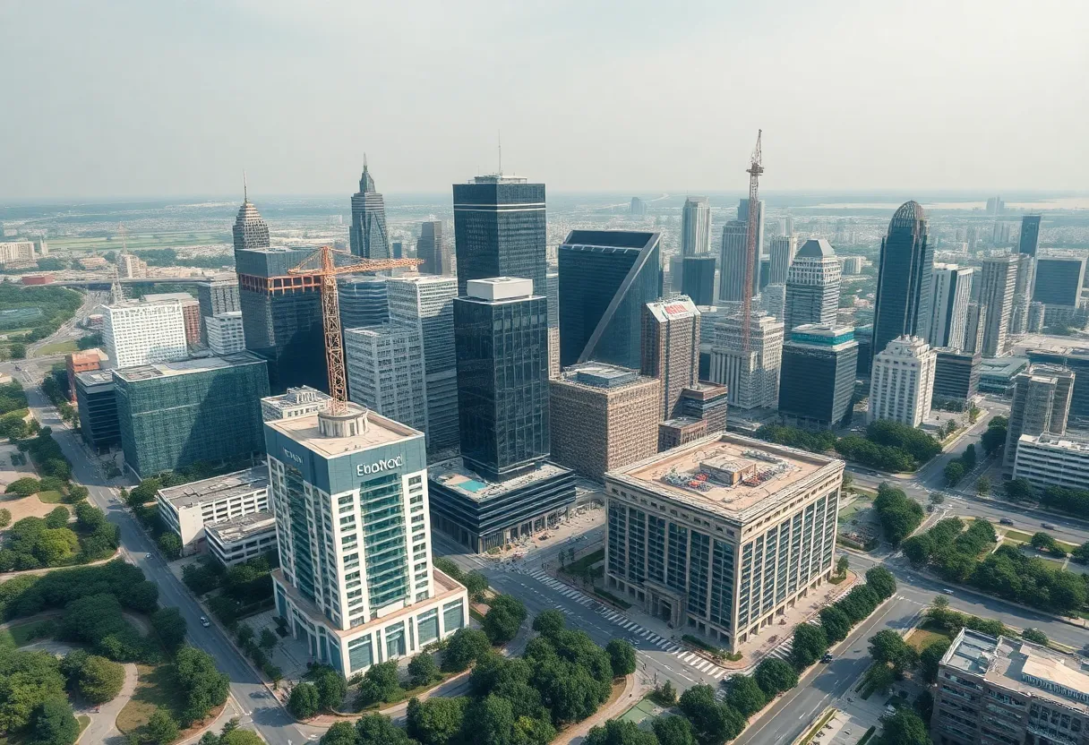 Aerial view of Atlanta with ongoing retail construction and greenery
