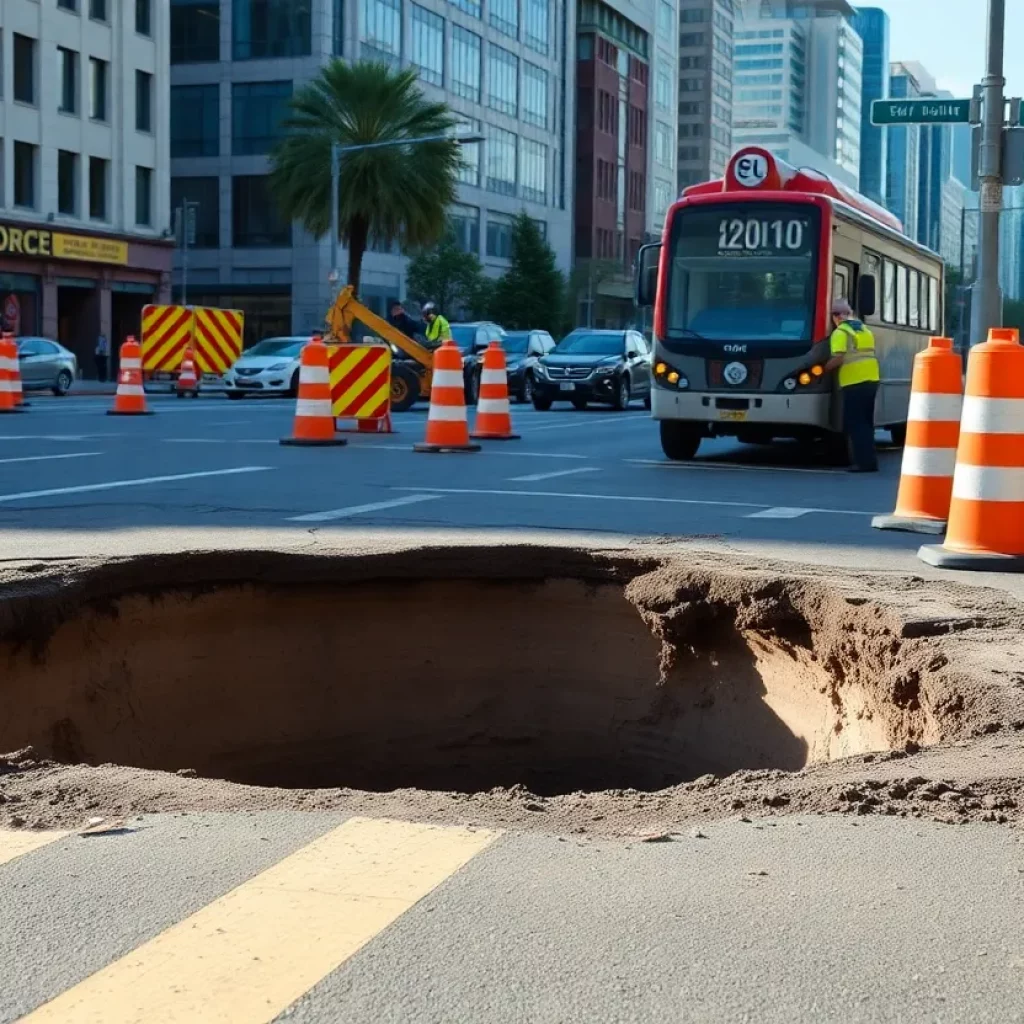 Construction crews repairing a sinkhole on an urban road in Atlanta.