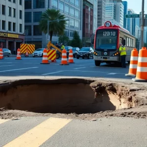 Construction crews repairing a sinkhole on an urban road in Atlanta.