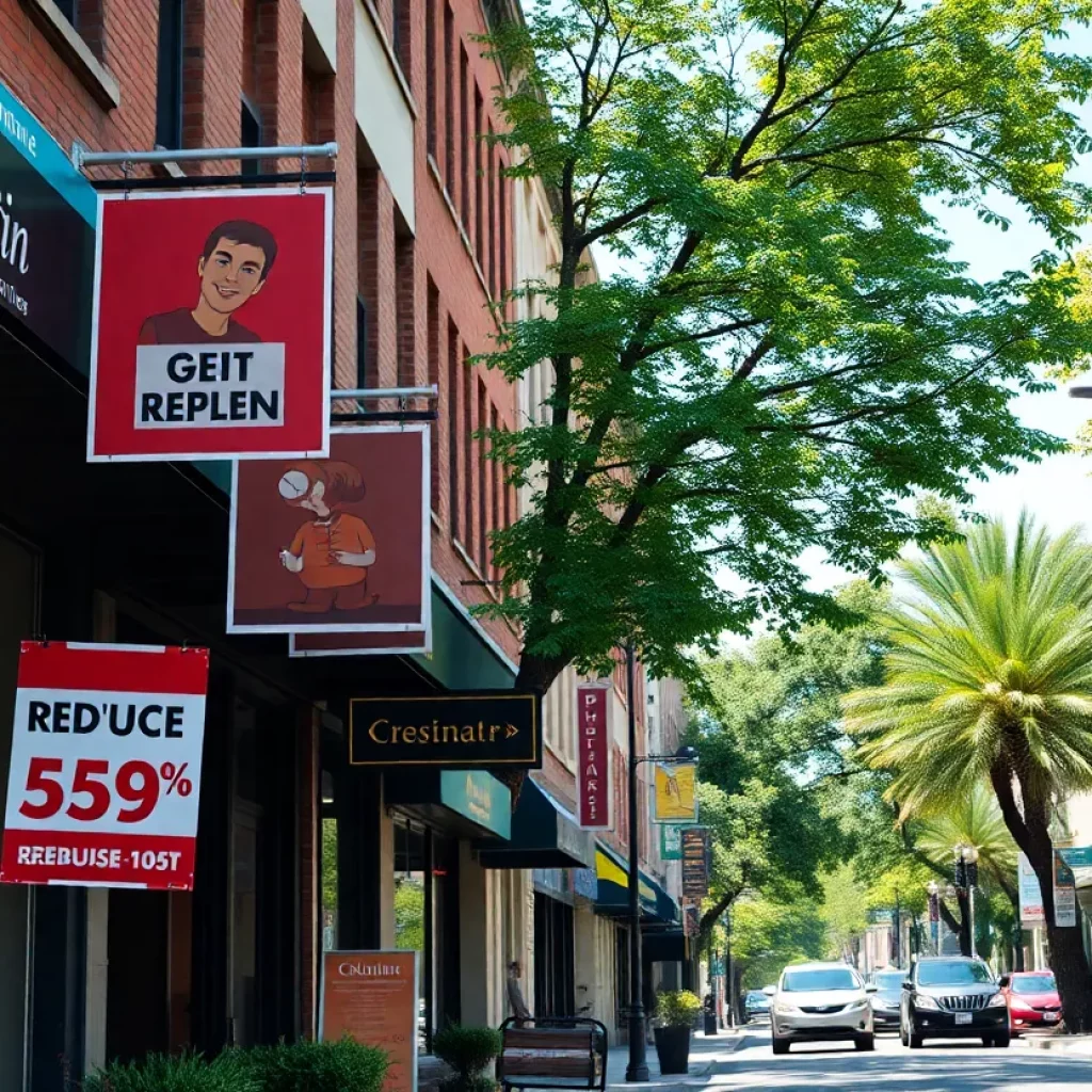 Busy street in Atlanta with local shops and greenery
