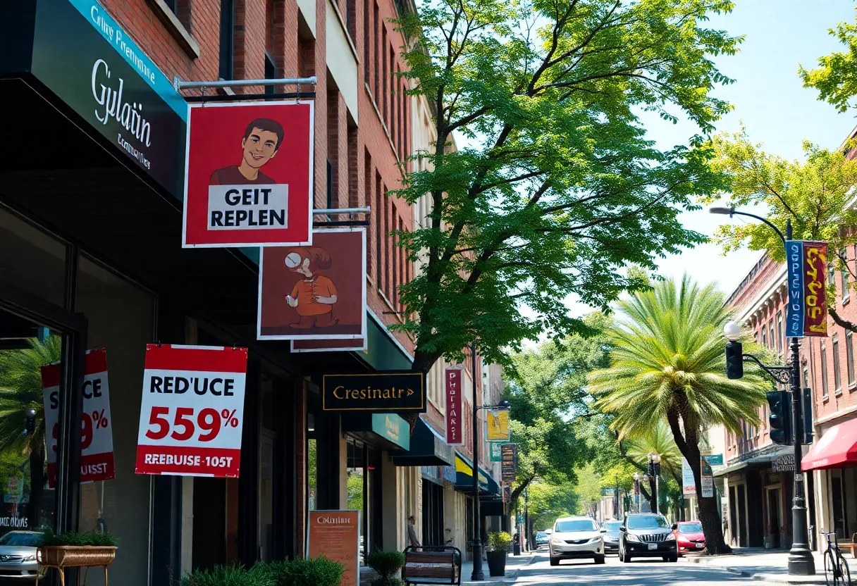 Busy street in Atlanta with local shops and greenery