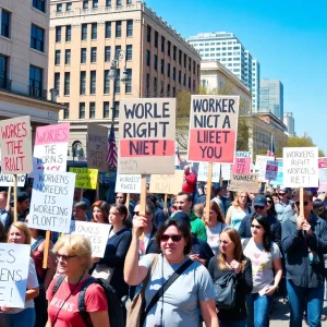 Crowd of protesters at a May Day rally for workers' rights in Downtown Atlanta