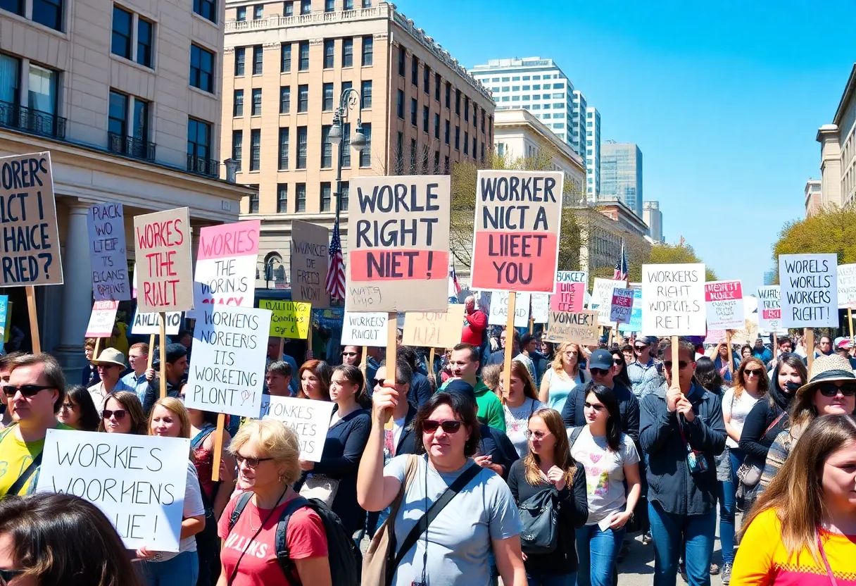 Crowd of protesters at a May Day rally for workers' rights in Downtown Atlanta
