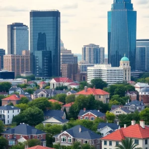 Cityscape of Atlanta showing residential homes and corporate buildings