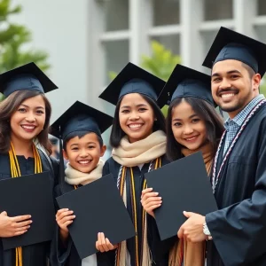 Family celebrating graduation with diplomas