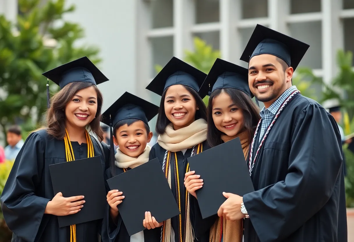 Family celebrating graduation with diplomas