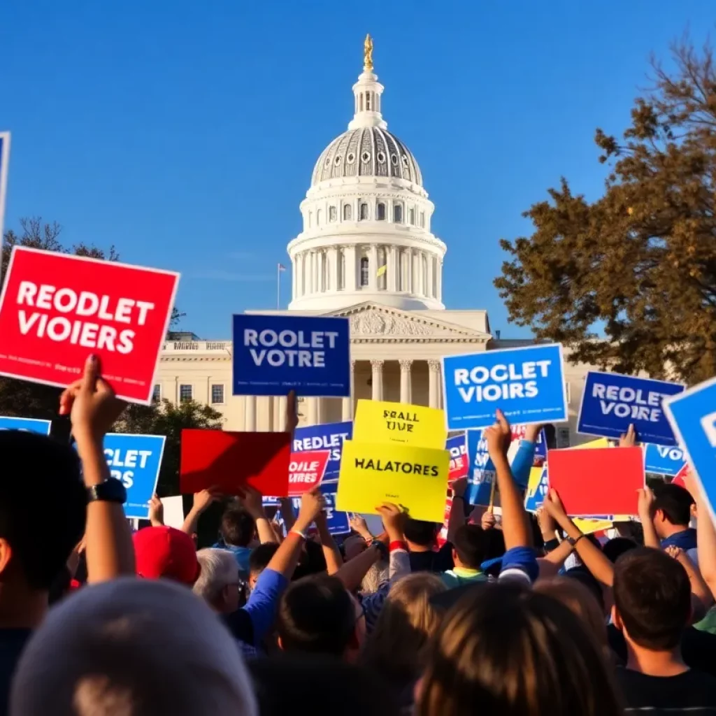 Image of a political campaign event with enthusiastic supporters.