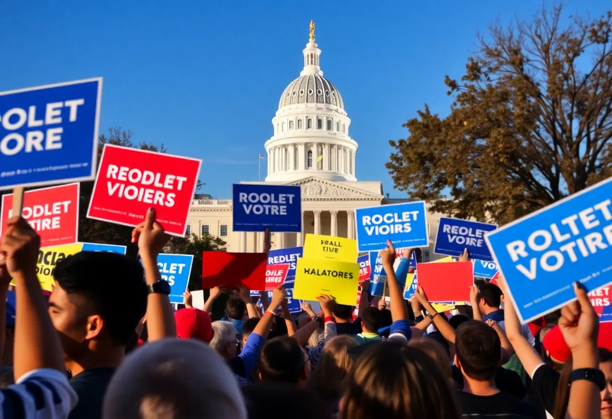 Image of a political campaign event with enthusiastic supporters.