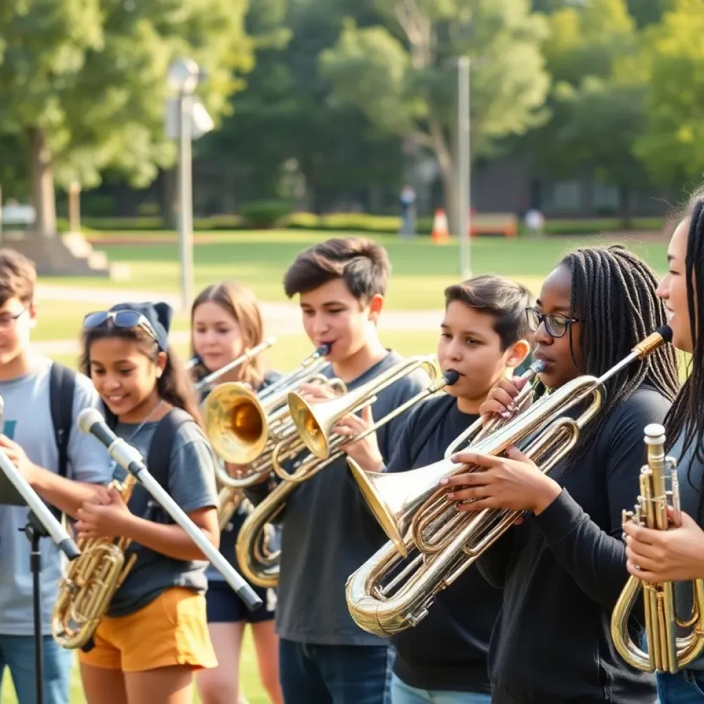 Brookville High School band students performing together in Atlanta.