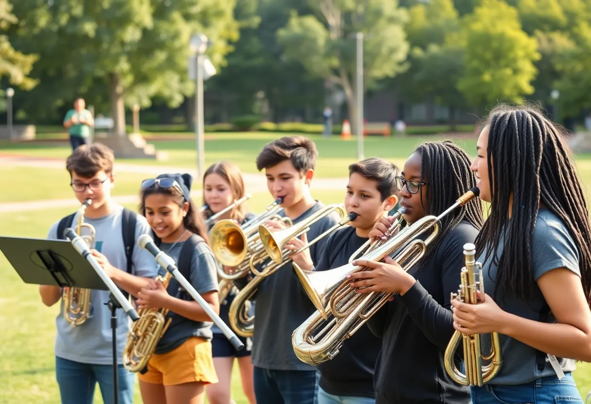 Brookville High School band students performing together in Atlanta.