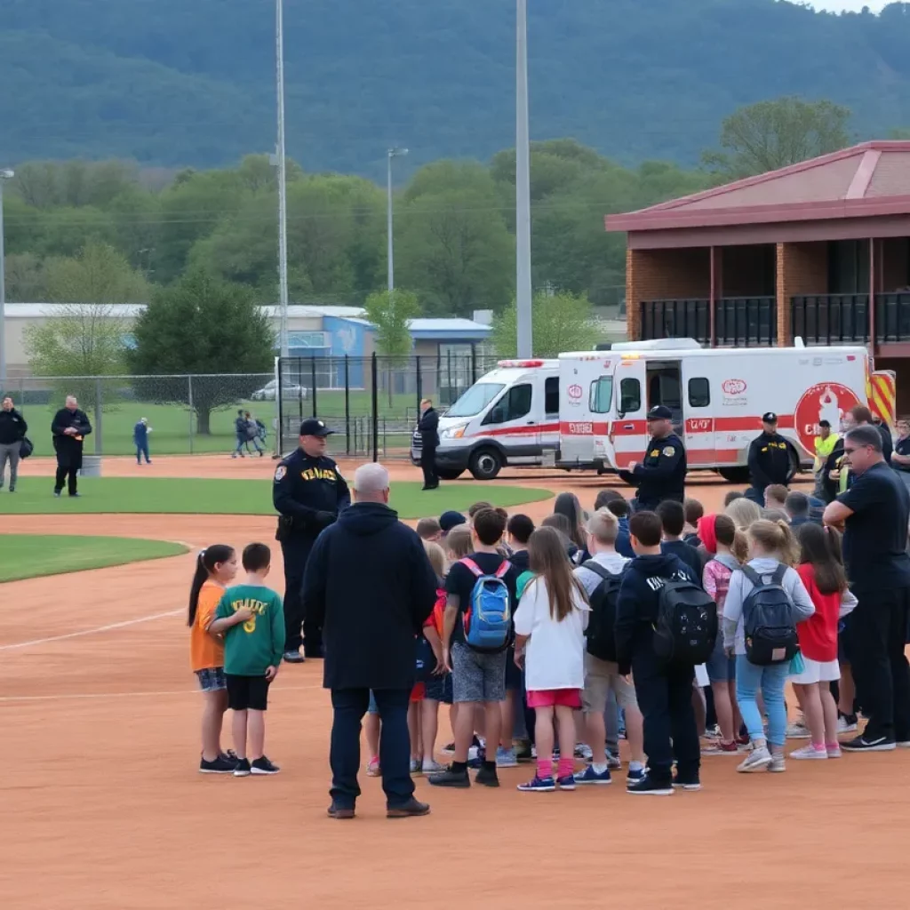 Students evacuated to baseball stadium during bomb threat incident.