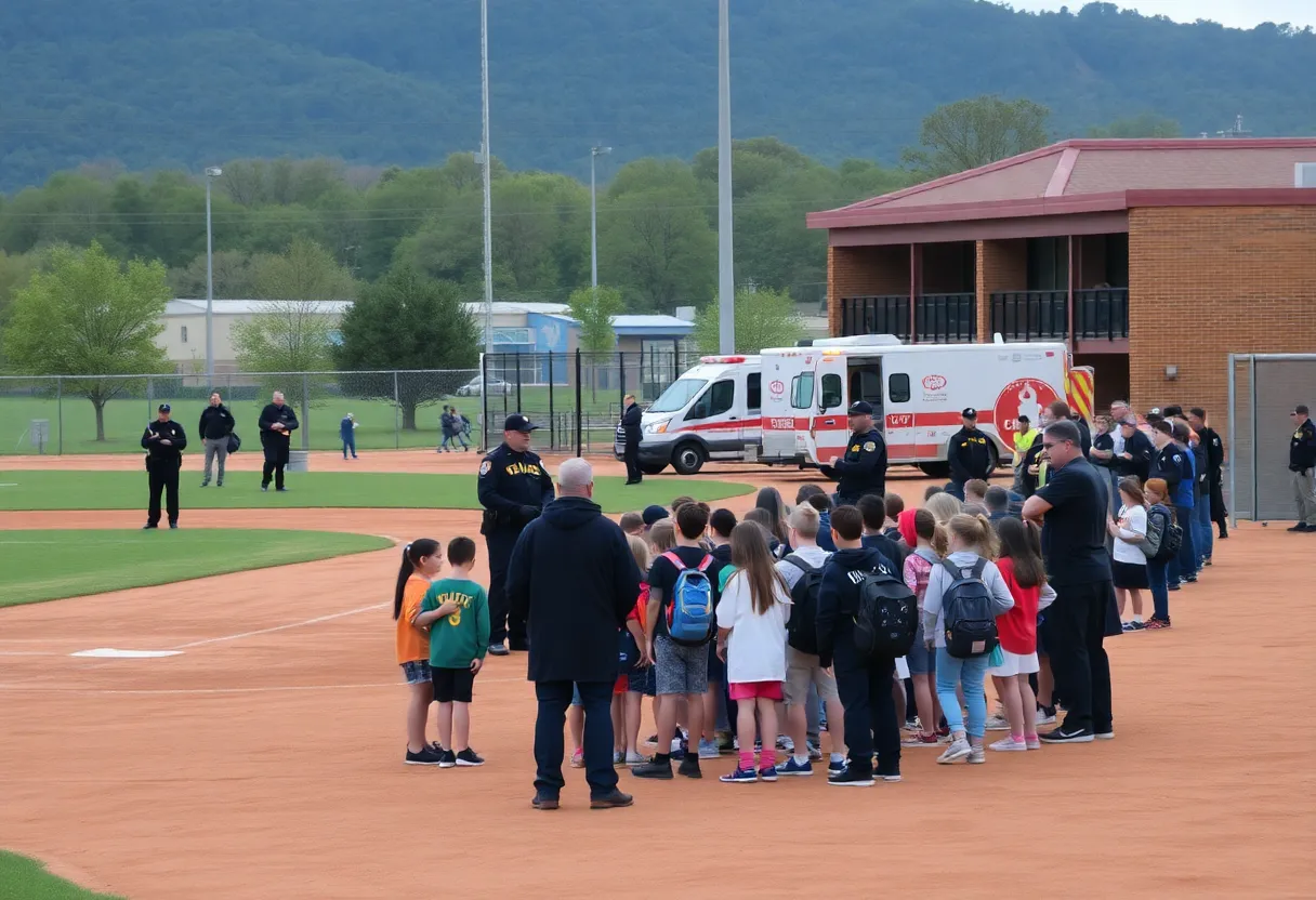 Students evacuated to baseball stadium during bomb threat incident.