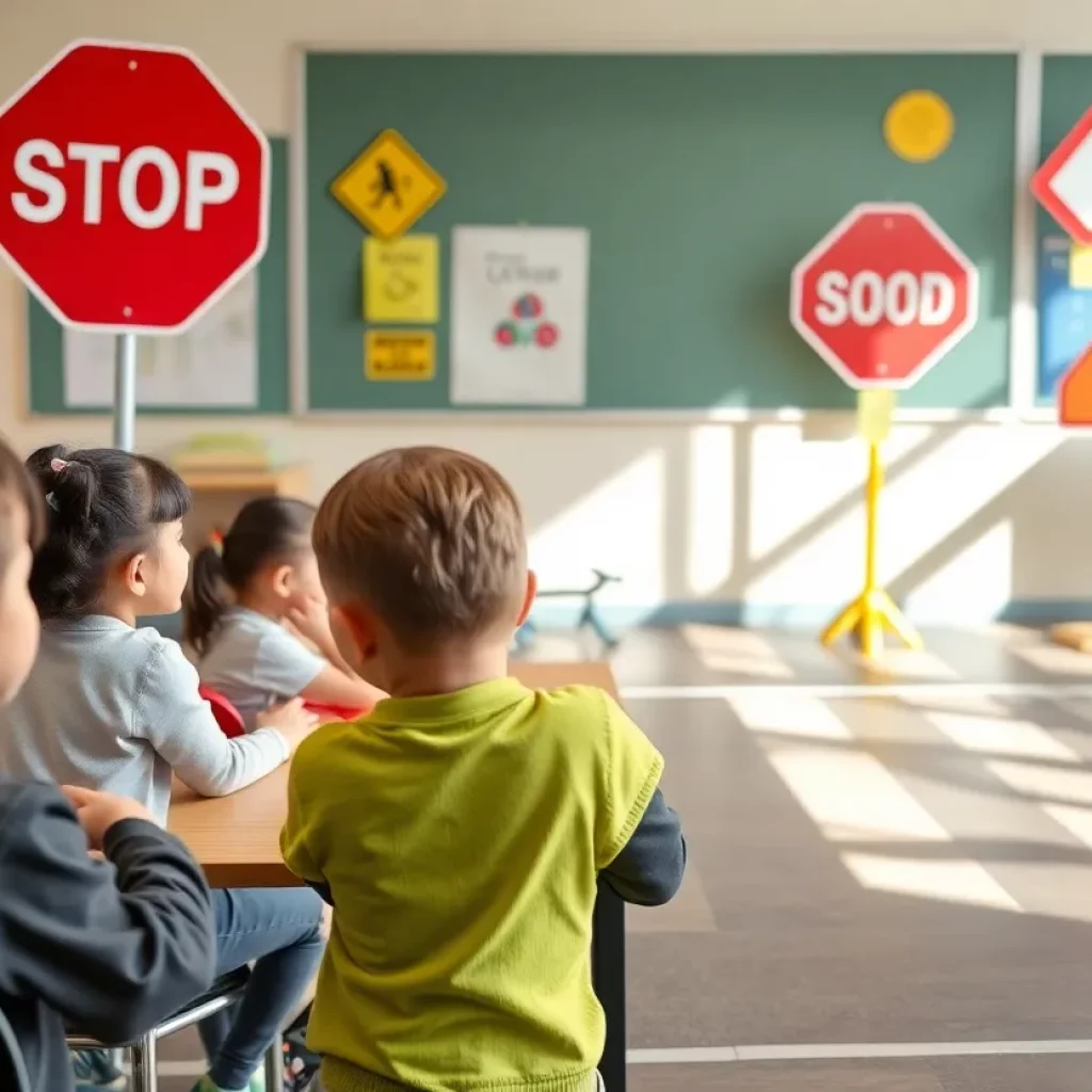 Elementary students engaged in road safety education activities.