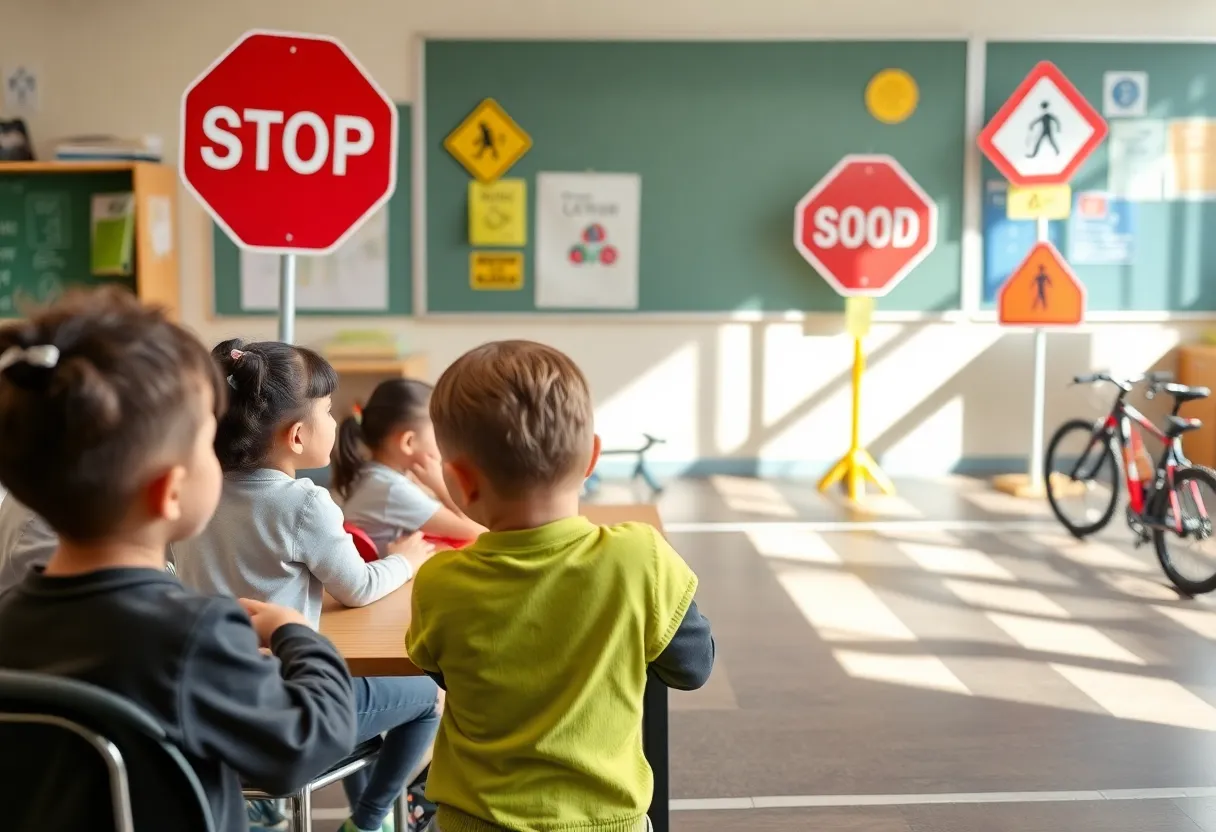Elementary students engaged in road safety education activities.