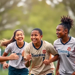 Diverse college athletes representing teamwork during a sports event.