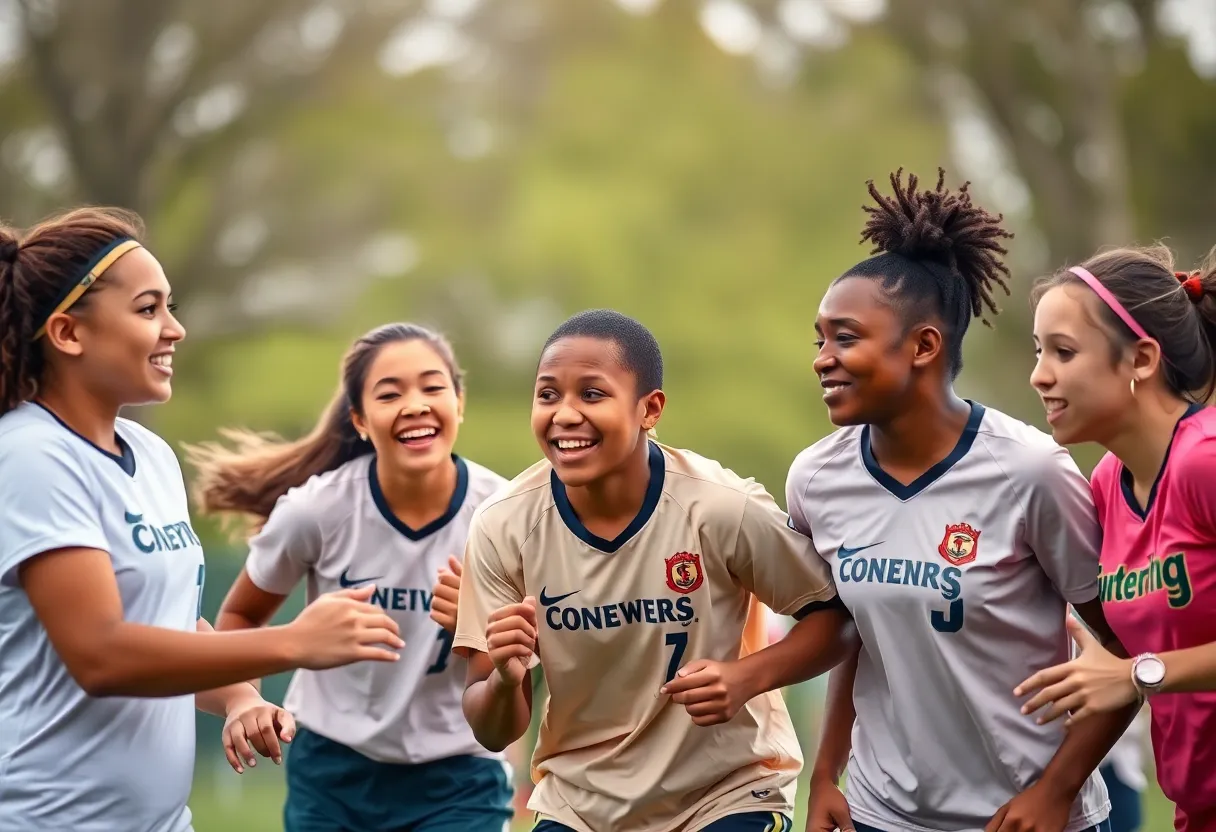 Diverse college athletes representing teamwork during a sports event.