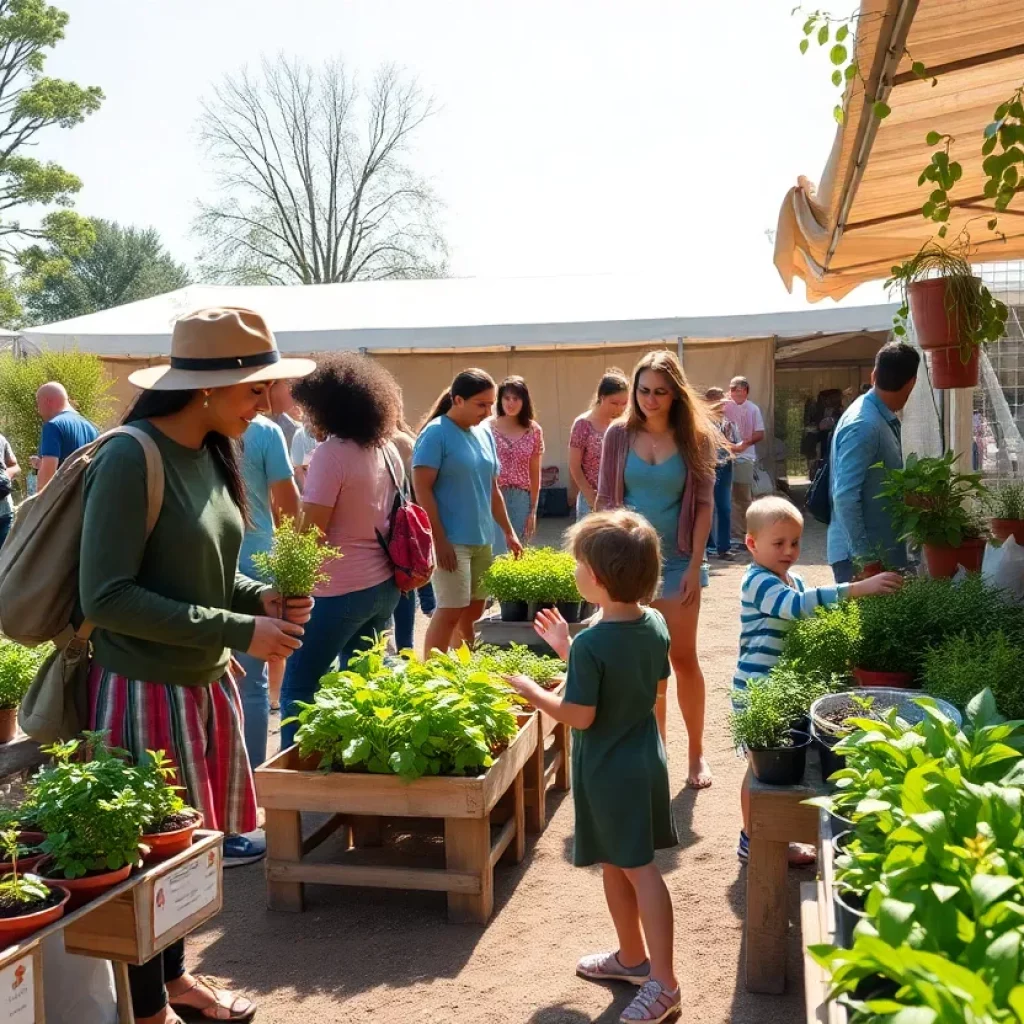 People at a community plant swap and sale event exchanging plants in a garden setting