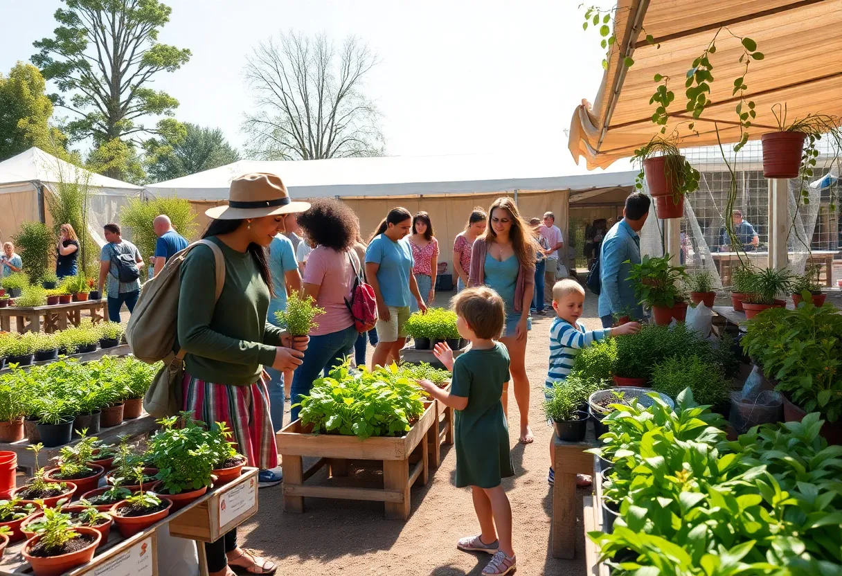 People at a community plant swap and sale event exchanging plants in a garden setting