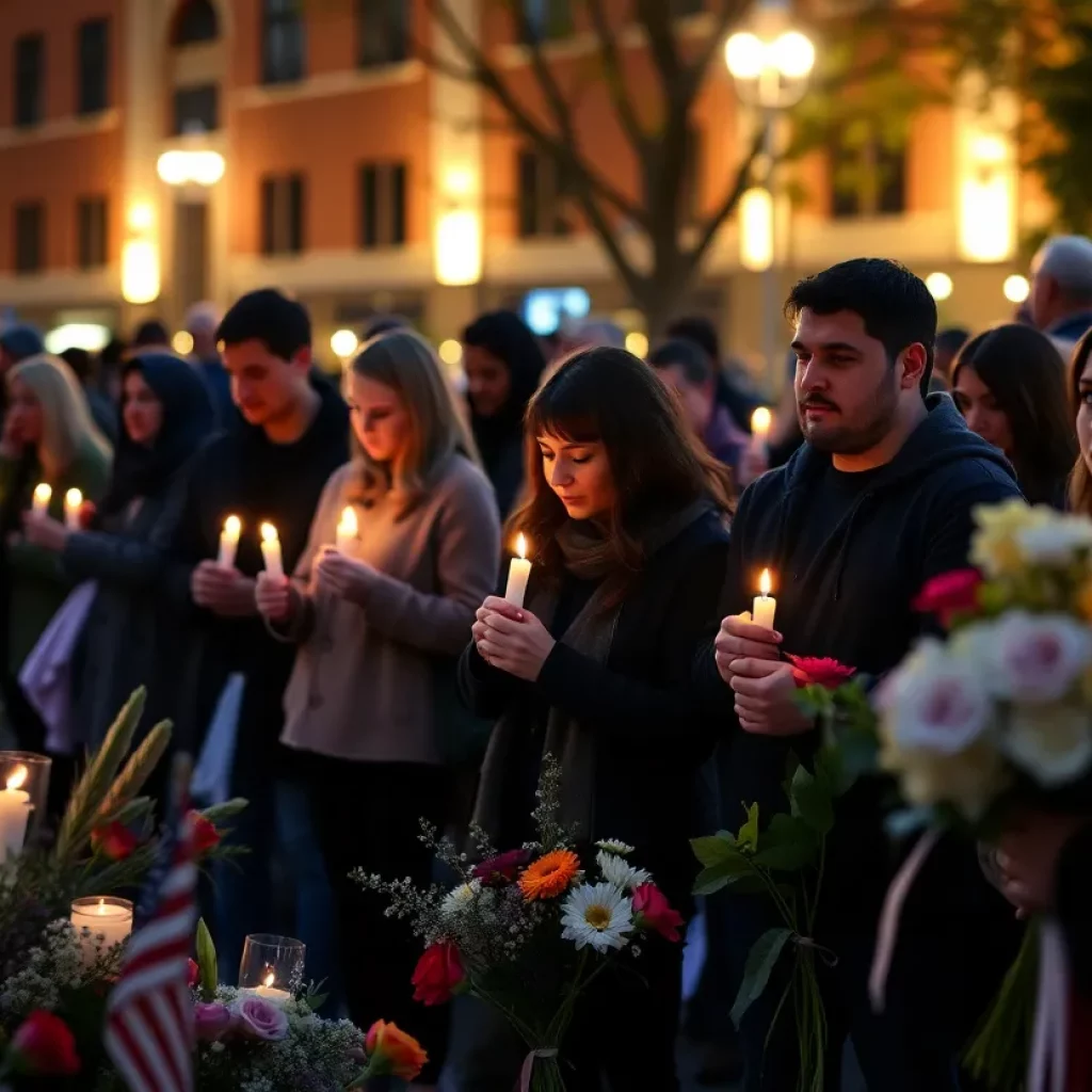 Community members lighting candles at a vigil for violence victims