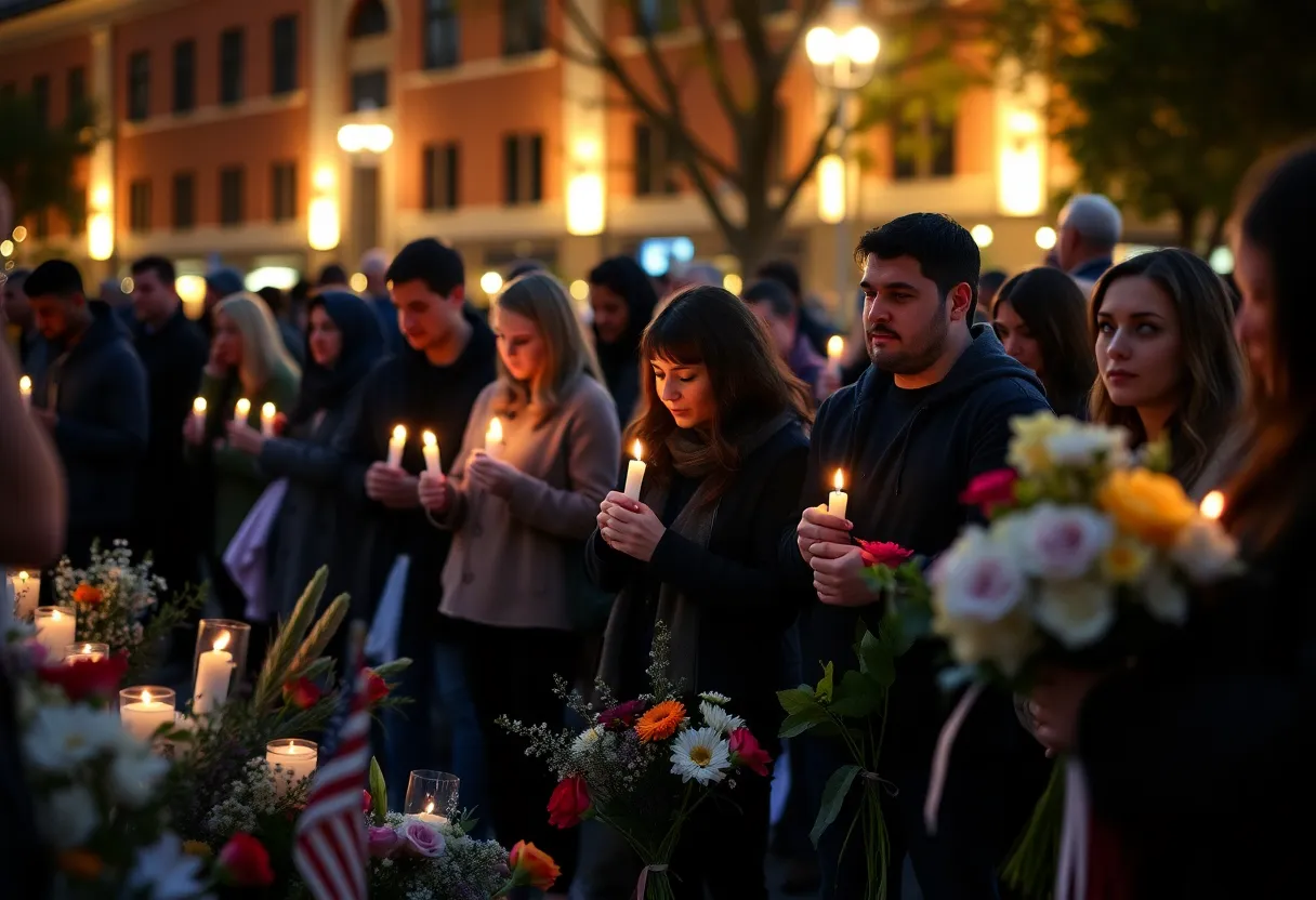 Community members lighting candles at a vigil for violence victims