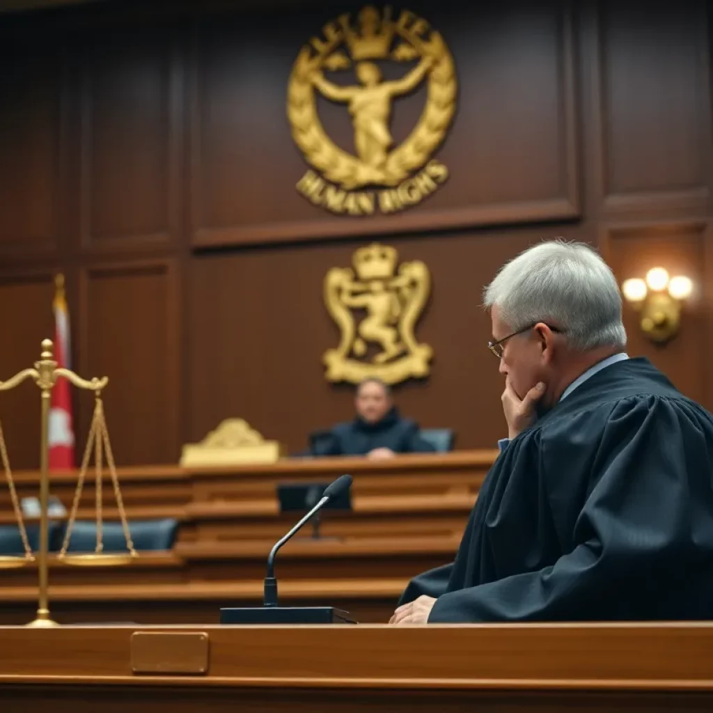 Courtroom with a judge and symbols of justice