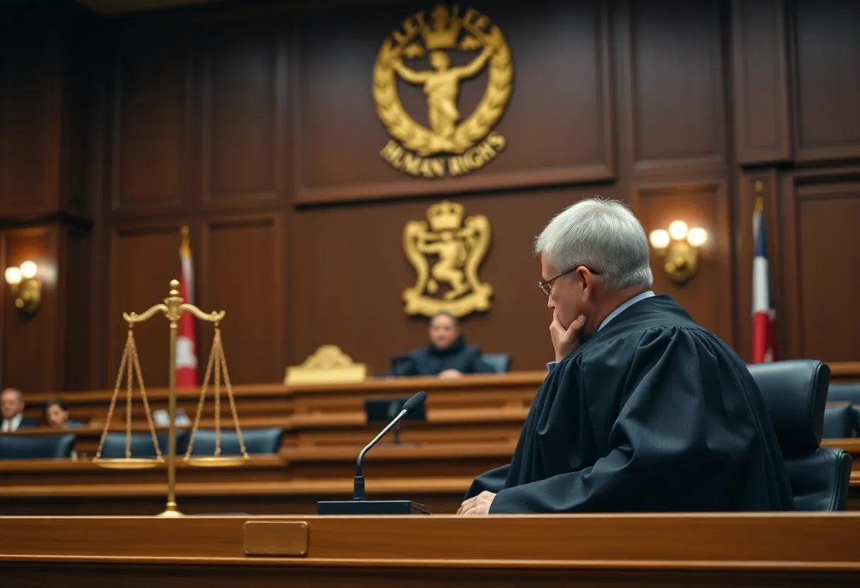 Courtroom with a judge and symbols of justice