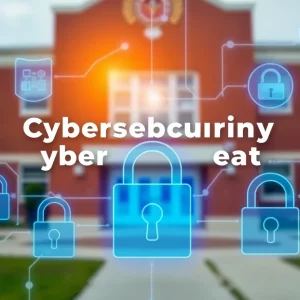 Illustration depicting cybersecurity threats with a school backdrop