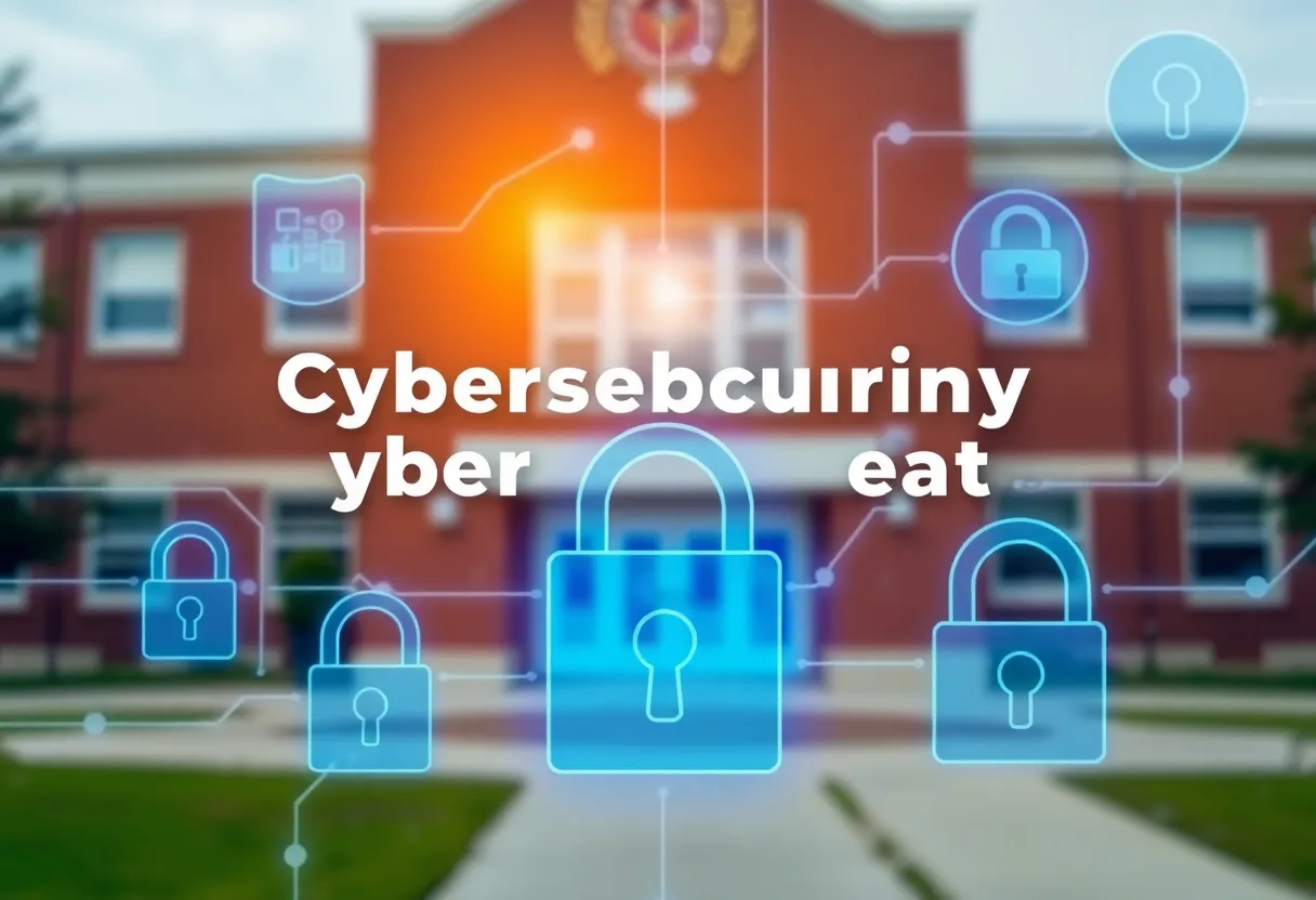 Illustration depicting cybersecurity threats with a school backdrop