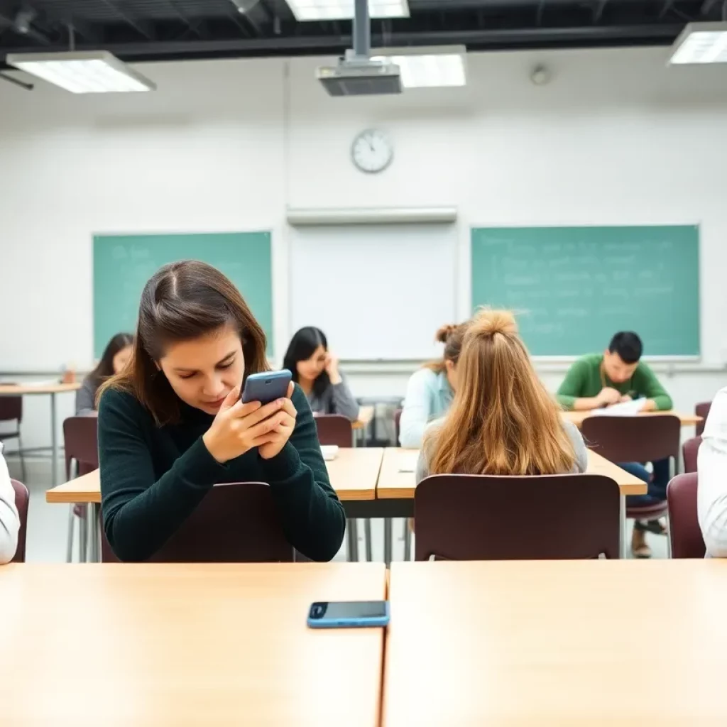 Students in a classroom focused on learning without cell phones.