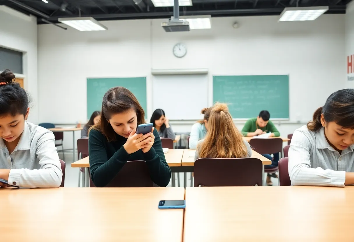 Students in a classroom focused on learning without cell phones.