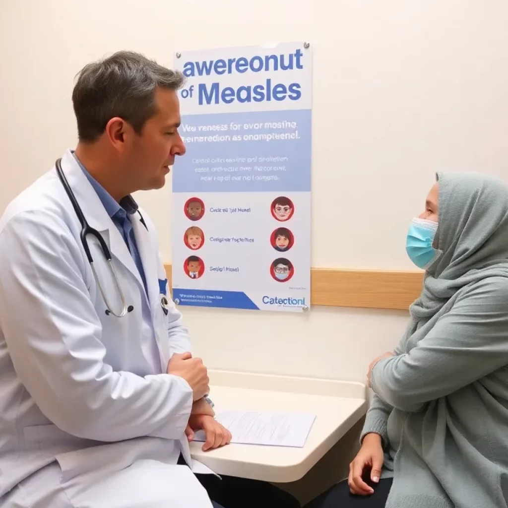 Doctor discussing measles vaccination with a patient in a medical setting.