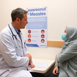 Doctor discussing measles vaccination with a patient in a medical setting.
