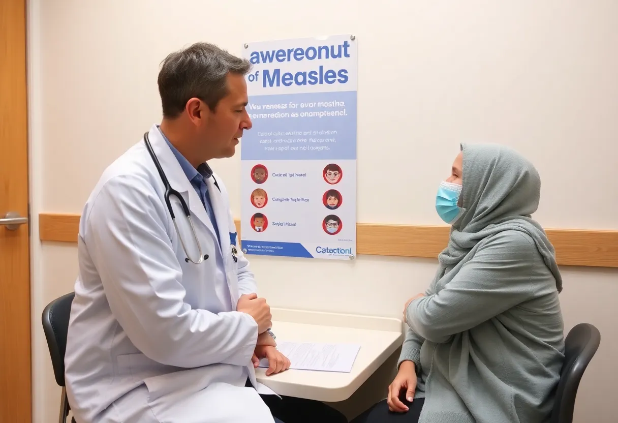 Doctor discussing measles vaccination with a patient in a medical setting.