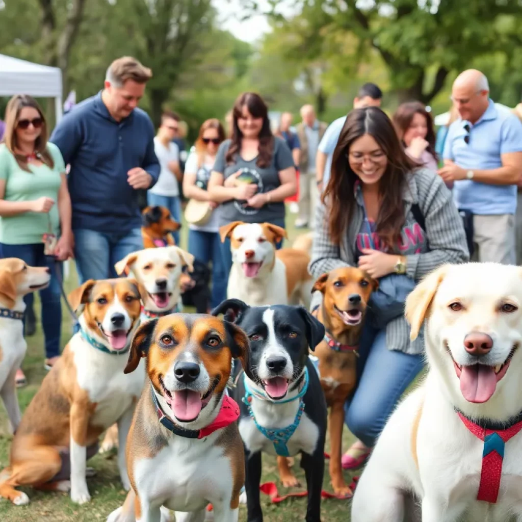 Families interacting with dogs at an adoption event in Atlanta