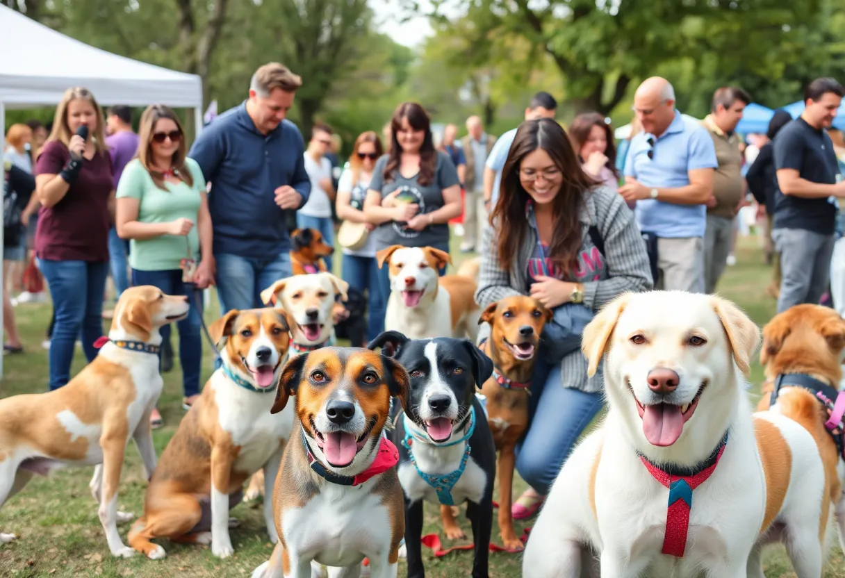Families interacting with dogs at an adoption event in Atlanta
