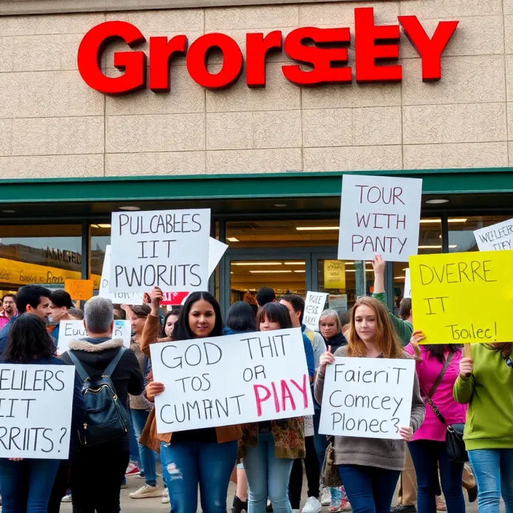 Protesters advocating for diversity and inclusion outside a grocery store